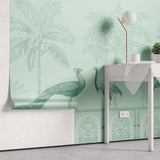 Tapet Zen Oriental cu pauni si pasari orientale intr-un fundal verde - GREEN MUGHAL