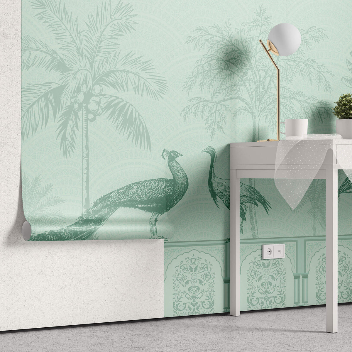 Tapet Zen Oriental cu pauni si pasari orientale intr-un fundal verde - GREEN MUGHAL