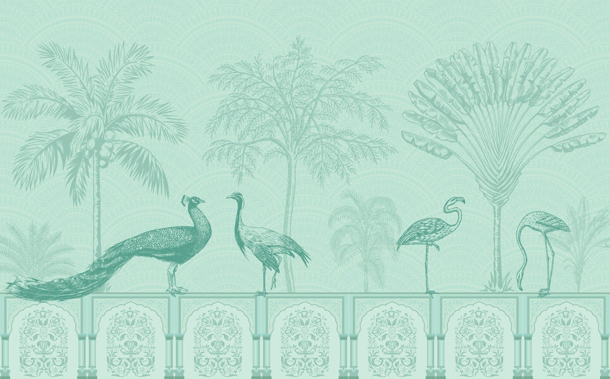 Tapet Zen Oriental cu pauni si pasari orientale intr-un fundal verde - GREEN MUGHAL