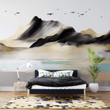 Tapet Zen Oriental cu munti pictati si pasari in stil acrilic - GOLDEN BLACK MOUNTAIN