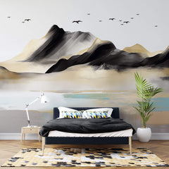Tapet Zen Oriental cu munti pictati si pasari in stil acrilic - GOLDEN BLACK MOUNTAIN