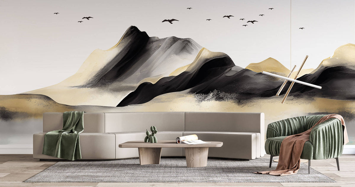 Tapet Zen Oriental cu munti pictati si pasari in stil acrilic - GOLDEN BLACK MOUNTAIN