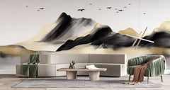 Tapet Zen Oriental cu munti pictati si pasari in stil acrilic - GOLDEN BLACK MOUNTAIN