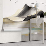 Tapet Zen Oriental cu munti pictati si pasari in stil acrilic - GOLDEN BLACK MOUNTAIN