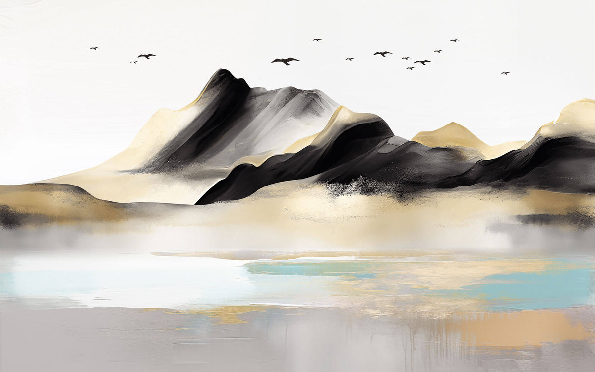 Tapet Zen Oriental cu munti pictati si pasari in stil acrilic - GOLDEN BLACK MOUNTAIN