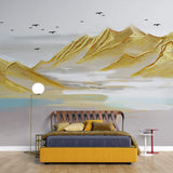 Tapet Zen Oriental cu munti aurii si pasari in zbor - GOLD ACRYLIC PEAKS