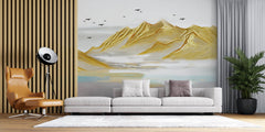 Tapet Zen Oriental cu munti aurii si pasari in zbor - GOLD ACRYLIC PEAKS