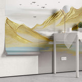 Tapet Zen Oriental cu munti aurii si pasari in zbor - GOLD ACRYLIC PEAKS
