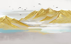 Tapet Zen Oriental cu munti aurii si pasari in zbor - GOLD ACRYLIC PEAKS