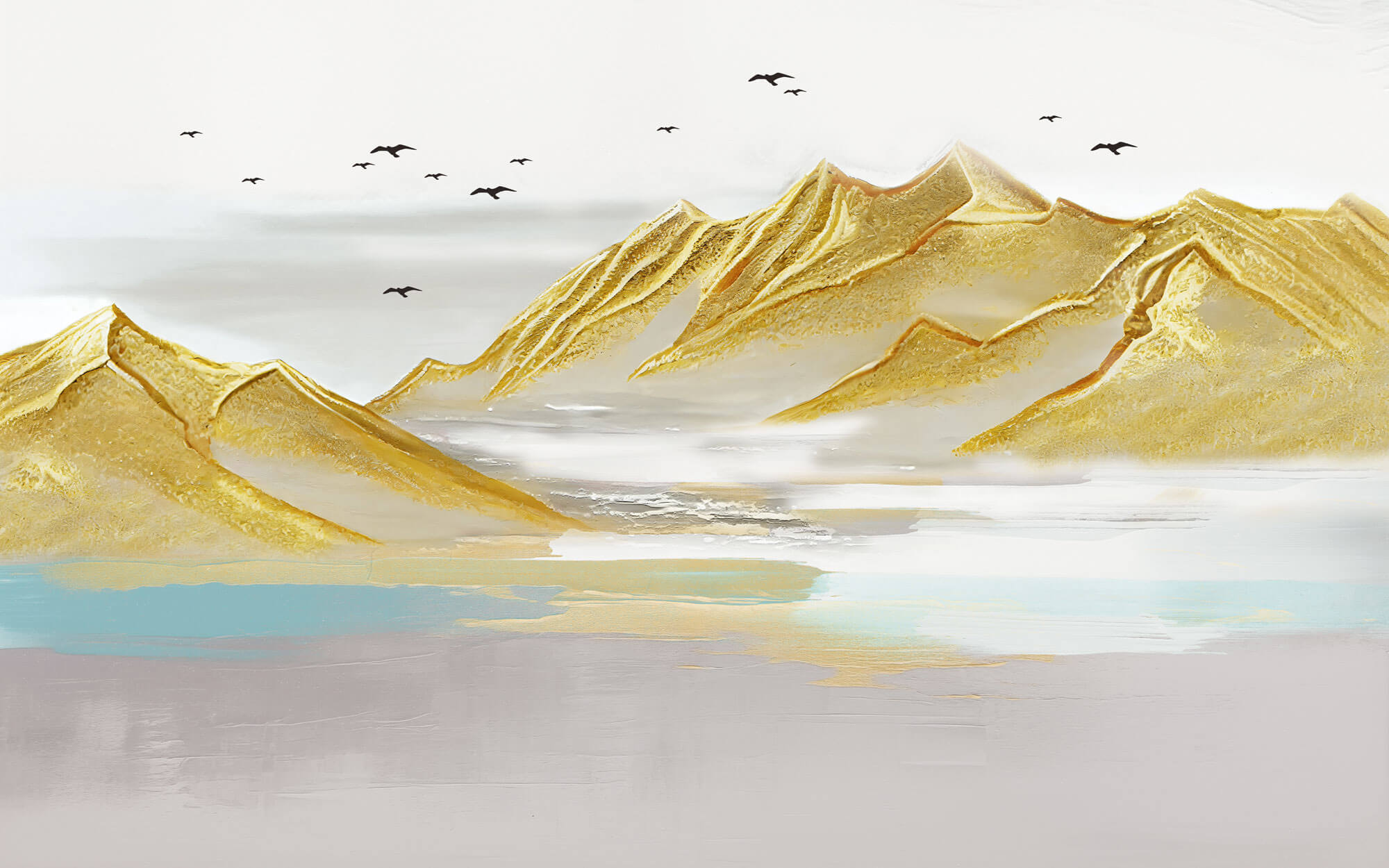 Tapet Zen Oriental cu munti aurii si pasari in zbor - GOLD ACRYLIC PEAKS