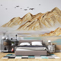 Tapet Zen Oriental cu munti cu textura aurita si pasari in zbor - COPPER ACRYLIC PEAKS