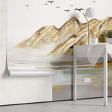 Tapet Zen Oriental cu munti cu textura aurita si pasari in zbor - COPPER ACRYLIC PEAKS