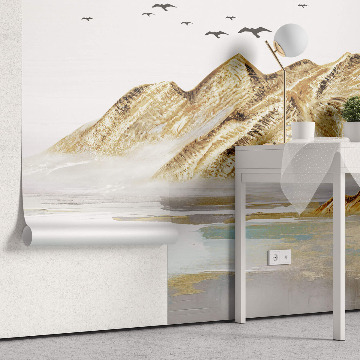 Tapet Zen Oriental cu munti cu textura aurita si pasari in zbor - COPPER ACRYLIC PEAKS