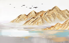 Tapet Zen Oriental cu munti cu textura aurita si pasari in zbor - COPPER ACRYLIC PEAKS