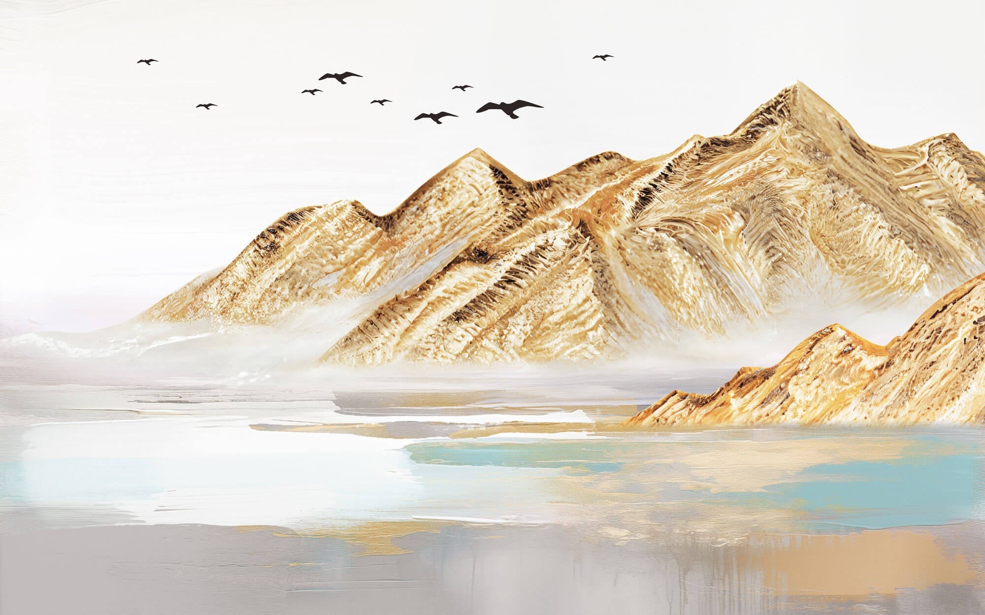 Tapet Zen Oriental cu munti cu textura aurita si pasari in zbor - COPPER ACRYLIC PEAKS
