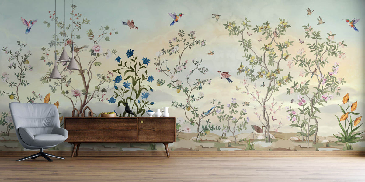 Tapet Zen Oriental cu gradina inflorita si pasari in zbor - SPRING MELODY