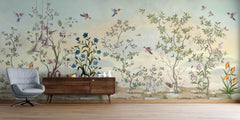 Tapet Zen Oriental cu gradina inflorita si pasari in zbor - SPRING MELODY