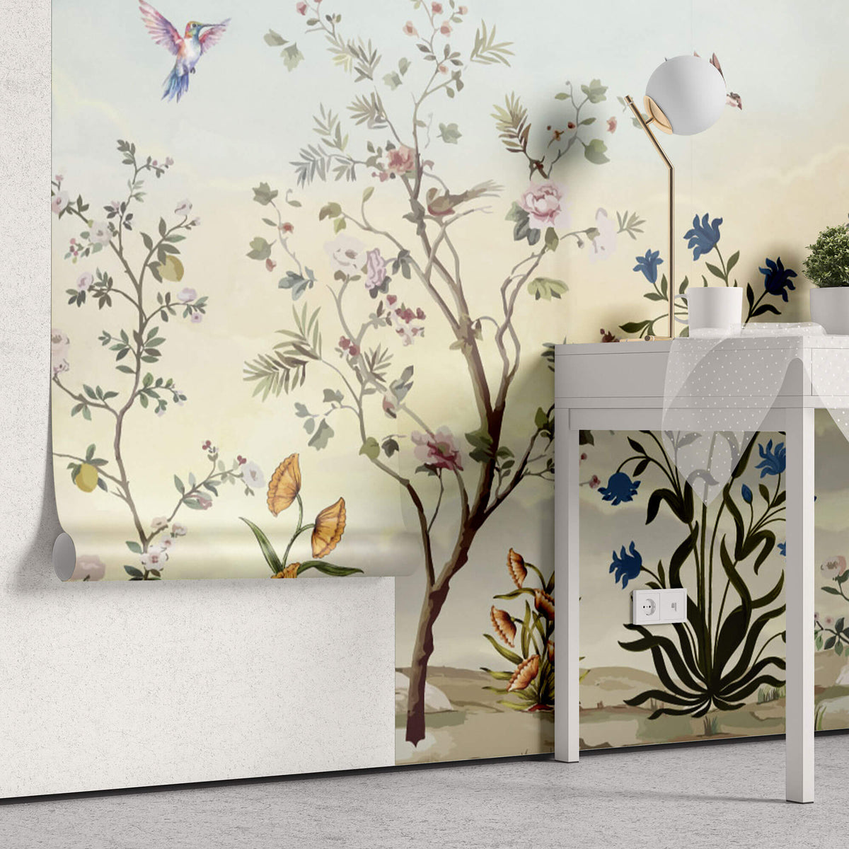 Tapet Zen Oriental cu gradina inflorita si pasari in zbor - SPRING MELODY