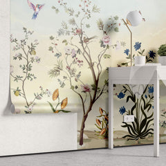 Tapet Zen Oriental cu gradina inflorita si pasari in zbor - SPRING MELODY