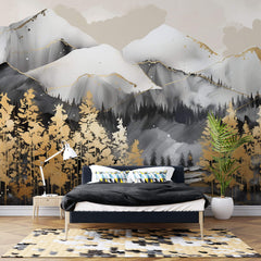 Tapet Zen Oriental cu munti gri si copaci aurii - GOLD LINED MOUNTAINS