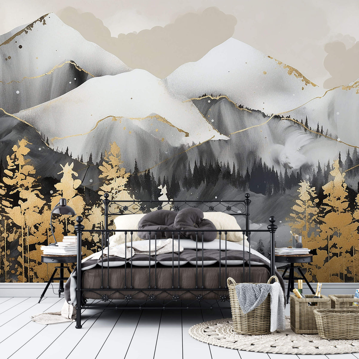 Tapet Zen Oriental cu munti gri si copaci aurii - GOLD LINED MOUNTAINS