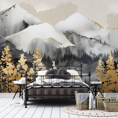 Tapet Zen Oriental cu munti gri si copaci aurii - GOLD LINED MOUNTAINS