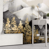 Tapet Zen Oriental cu munti gri si copaci aurii - GOLD LINED MOUNTAINS