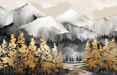 Tapet Zen Oriental cu munti gri si copaci aurii - GOLD LINED MOUNTAINS