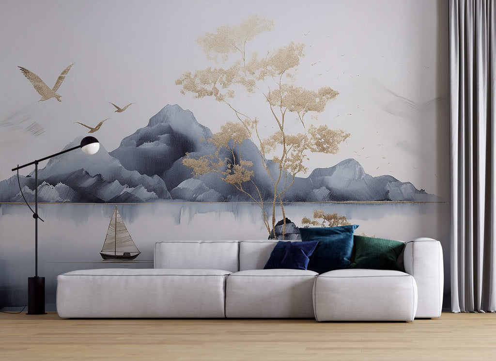 Tapet Zen Oriental cu munti si lac calm - GOLDEN TRANQUILITY