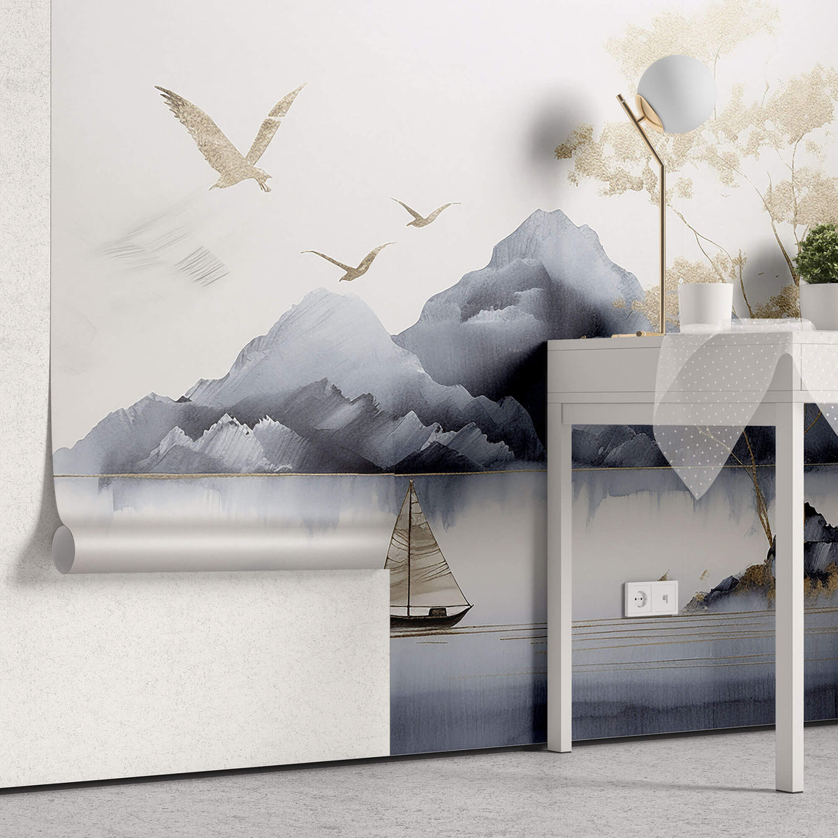 Tapet Zen Oriental cu munti si lac calm - GOLDEN TRANQUILITY