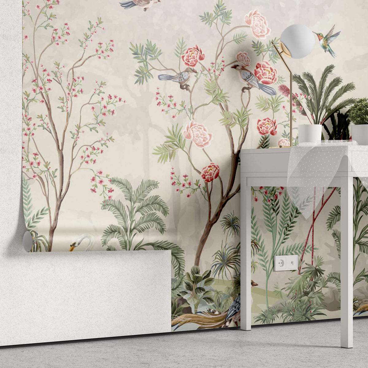 Tapet Zen Oriental cu gradina inflorita in stil chinoiserie cu pasari exotice - CHINOISERIE JUNGLE