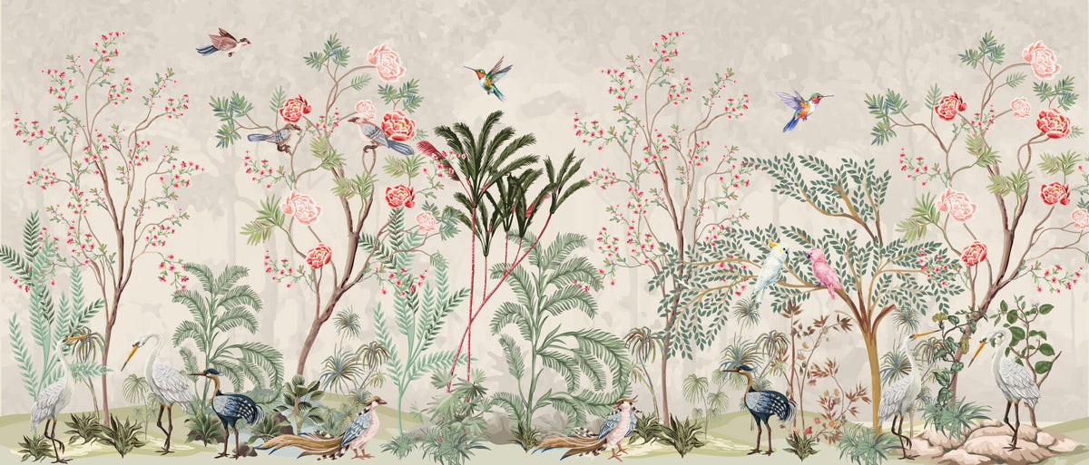 Tapet Zen Oriental cu gradina inflorita in stil chinoiserie cu pasari exotice - CHINOISERIE JUNGLE
