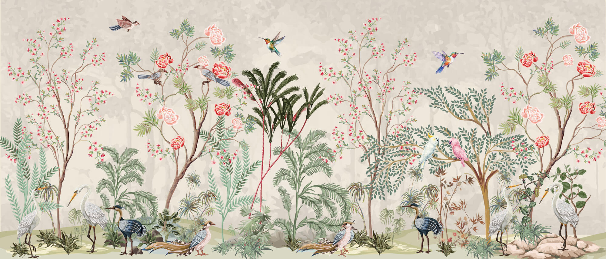 Tapet Zen Oriental cu gradina inflorita in stil chinoiserie cu pasari exotice - CHINOISERIE JUNGLE