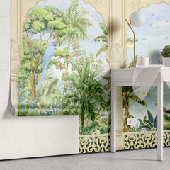 Tapet Zen Oriental cu coloane indiene si priveliste de gradina inflorita - JUNGLE STONE COLUMNS
