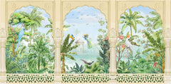 Tapet Zen Oriental cu coloane indiene si priveliste de gradina inflorita - JUNGLE STONE COLUMNS