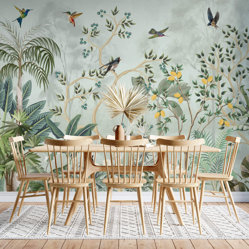 Tapet Zen Oriental cu gradina cu pomi fructiferi si pasari - LEMON CHINOISERIE JUNGLE
