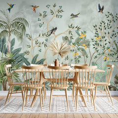 Tapet Zen Oriental cu gradina cu pomi fructiferi si pasari - LEMON CHINOISERIE JUNGLE