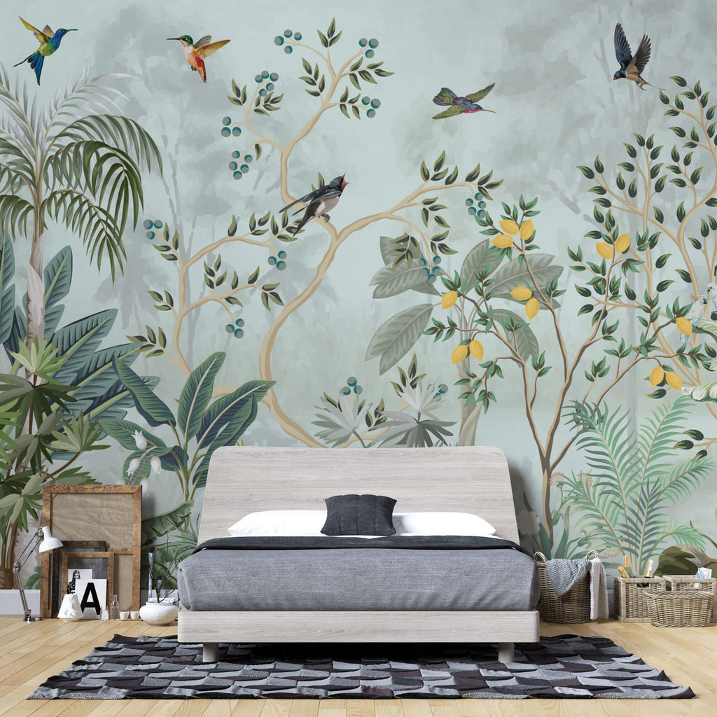 Tapet Zen Oriental cu gradina cu pomi fructiferi si pasari - LEMON CHINOISERIE JUNGLE