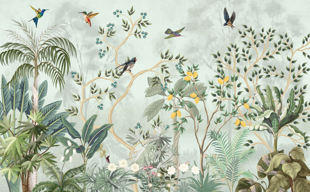 Tapet Zen Oriental cu gradina cu pomi fructiferi si pasari - LEMON CHINOISERIE JUNGLE