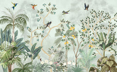 Tapet Zen Oriental cu gradina cu pomi fructiferi si pasari - LEMON CHINOISERIE JUNGLE