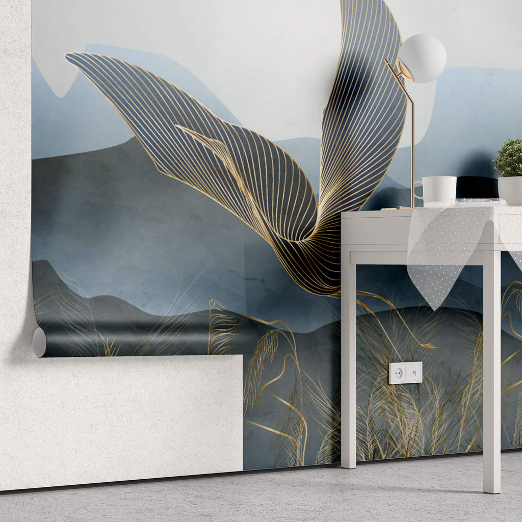 Tapet Zen Oriental cu egrete ilustrate in stil abstract pe un fundal in nuante de albastru - GOLDEN LINE CRANES