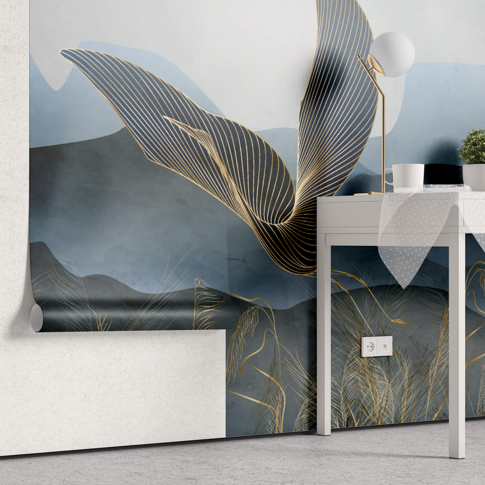 Tapet Zen Oriental cu egrete ilustrate in stil abstract pe un fundal in nuante de albastru - GOLDEN LINE CRANES