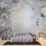 Tapet Zen Oriental cu flamingo albi plante exotice si textura de stucco - STUCCO WHITE FLAMINGO