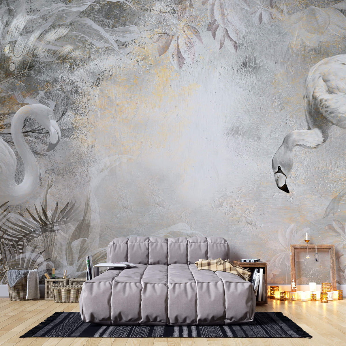 Tapet Zen Oriental cu flamingo albi plante exotice si textura de stucco - STUCCO WHITE FLAMINGO