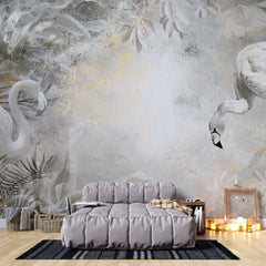 Tapet Zen Oriental cu flamingo albi plante exotice si textura de stucco - STUCCO WHITE FLAMINGO