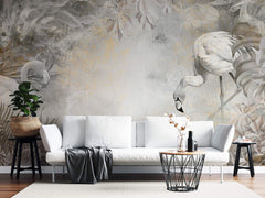 Tapet Zen Oriental cu flamingo albi plante exotice si textura de stucco - STUCCO WHITE FLAMINGO