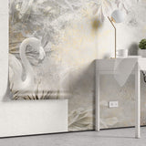 Tapet Zen Oriental cu flamingo albi plante exotice si textura de stucco - STUCCO WHITE FLAMINGO