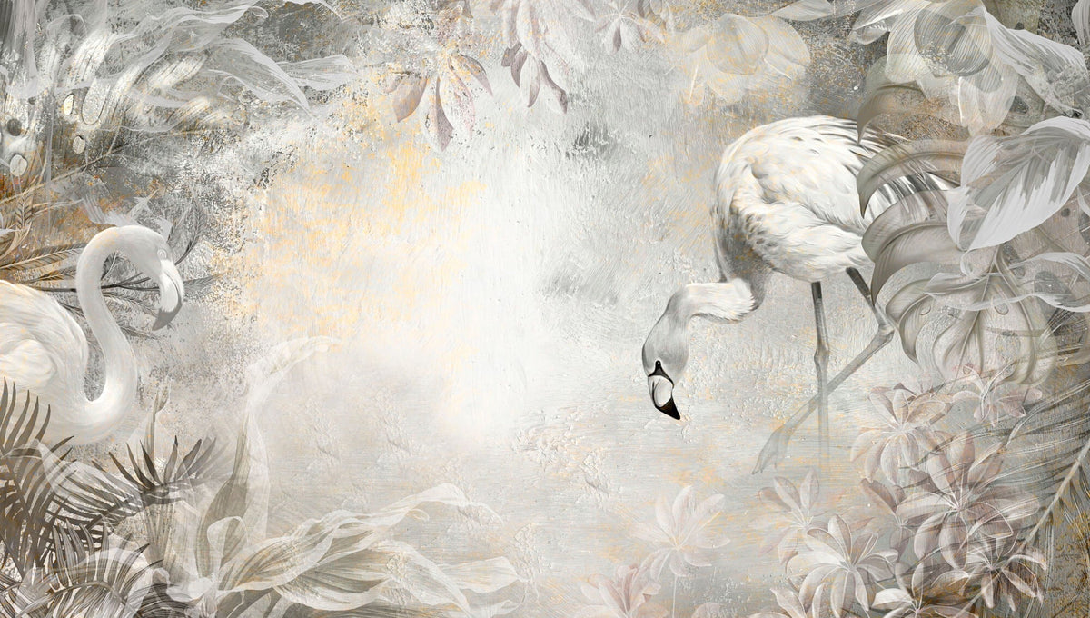 Tapet Zen Oriental cu flamingo albi plante exotice si textura de stucco - STUCCO WHITE FLAMINGO