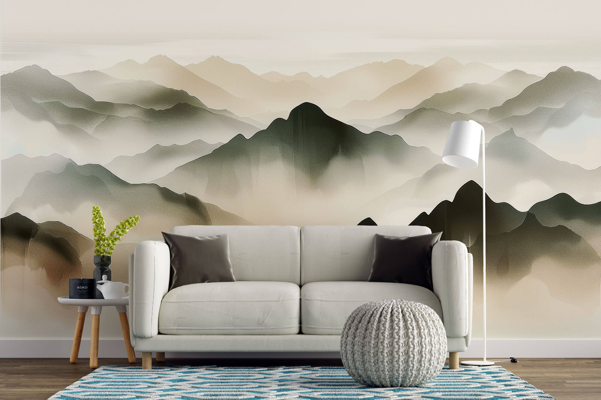Tapet Zen Oriental cu munti pictati cu textura 2 - WATERCOLOR ZEN MOUNTAINS II