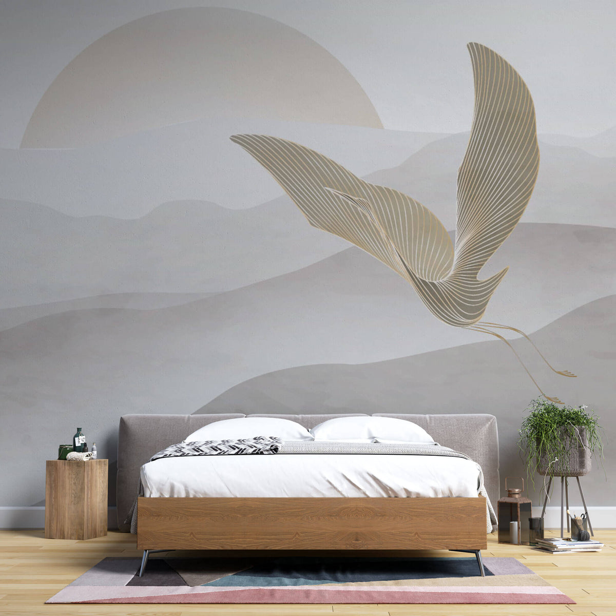 Tapet Zen Oriental cu egrete ilustrate in stil abstract pe un fundal in nuante de gri - HEAVEN CRANES